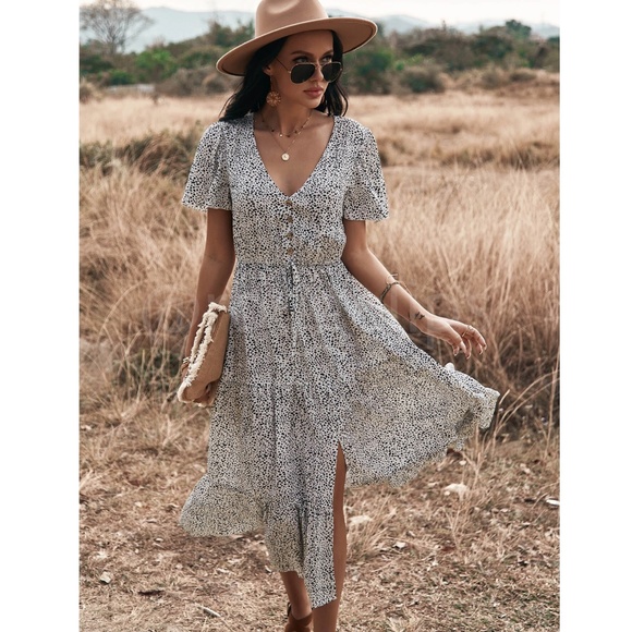 Spotted Print Black and White Midi Dress V-neck Button Front Ruffle Hem - Picture 3 of 10